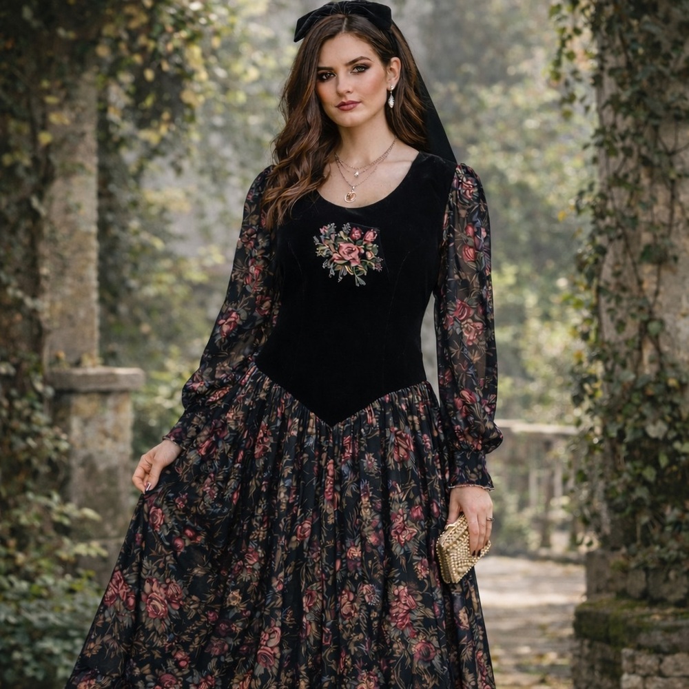 Rare Donna Morgan Vintage Fairy Velvet‎ Dress Romantic Goth Dark Whimsigoth 14 - Picture 3 of 14
